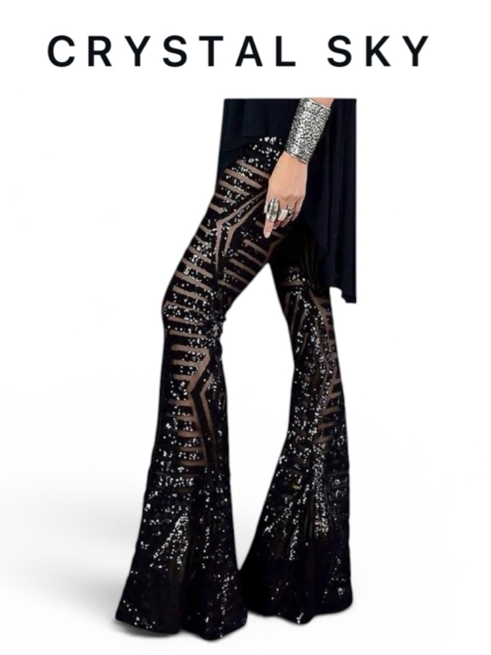 CRYSTAL SKY BLACK SEQUIN GEOMETRIC FLATE PANTS GLAM FESTIVAL DISCO SIZE MEDIUM